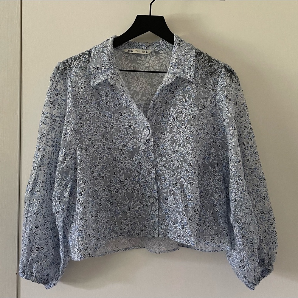 Zara Transparent Floral Cropped Dress Shirt